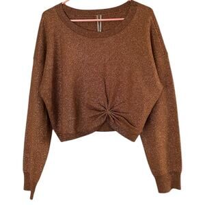 Anthropologie Gemini Brown Metallic Sweater Women's L Cropped Twist Front NEW